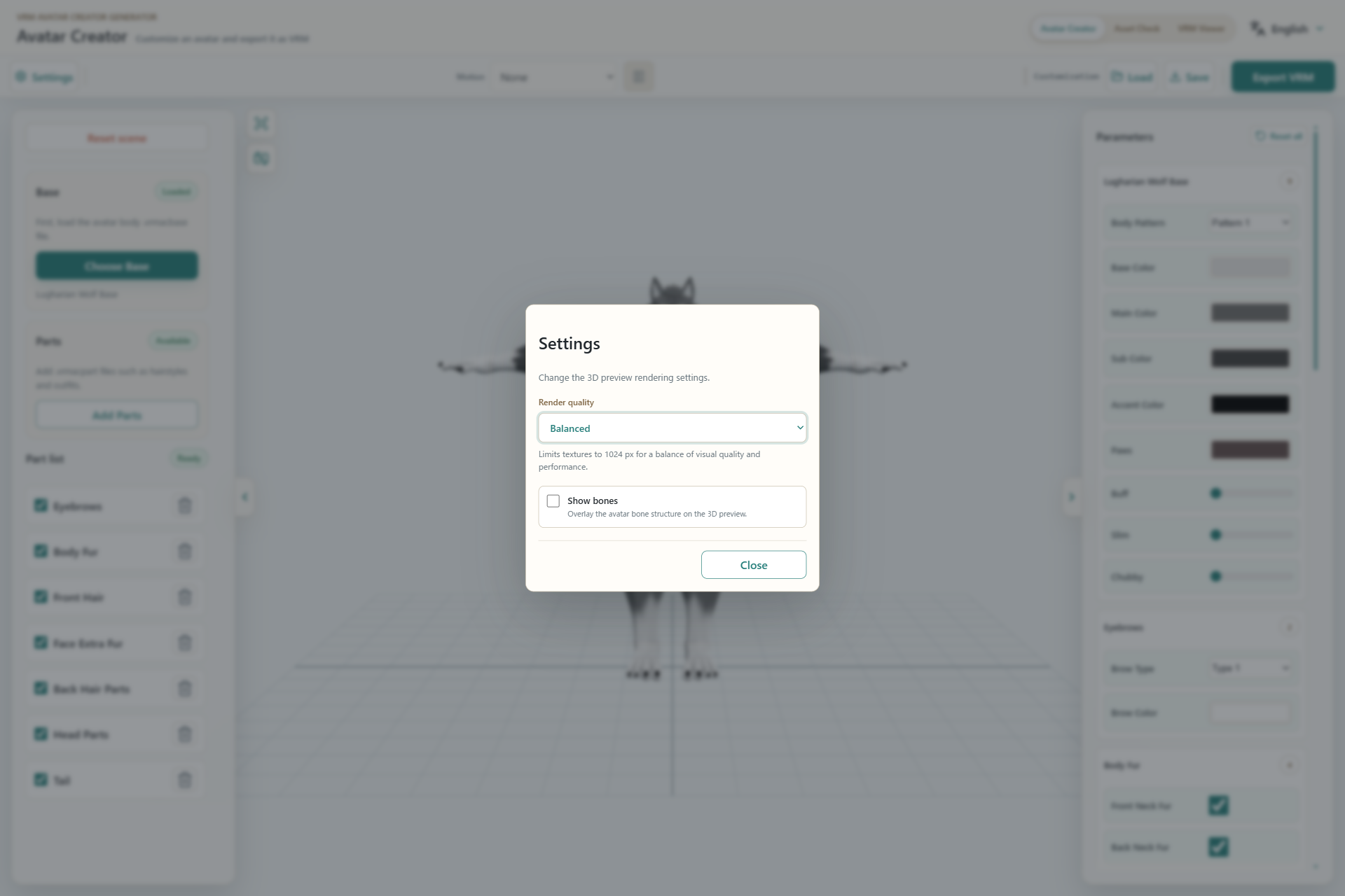 The Settings dialog with render quality and bone display controls