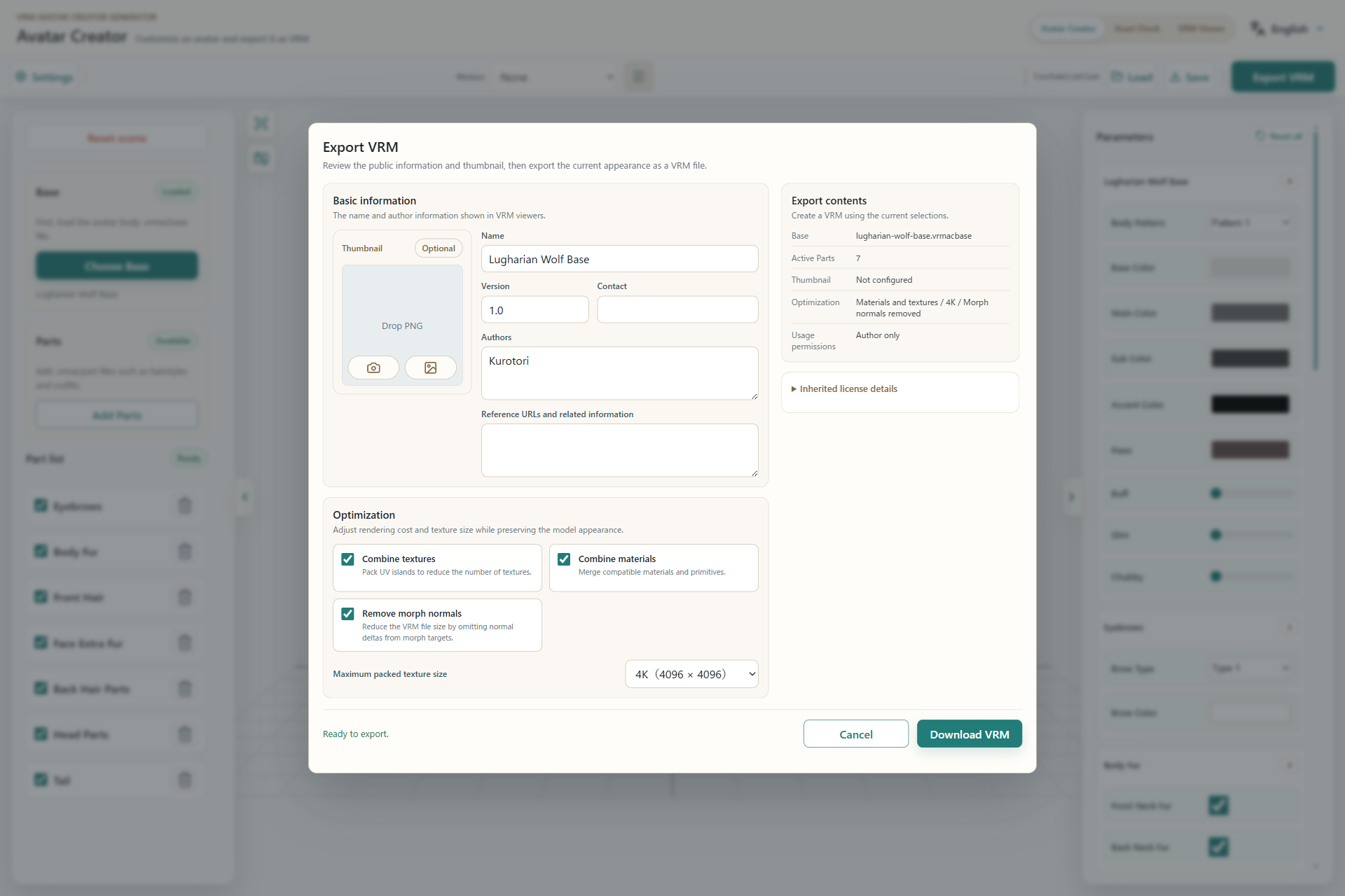 The VRM export dialog showing basic information, optimization, and review