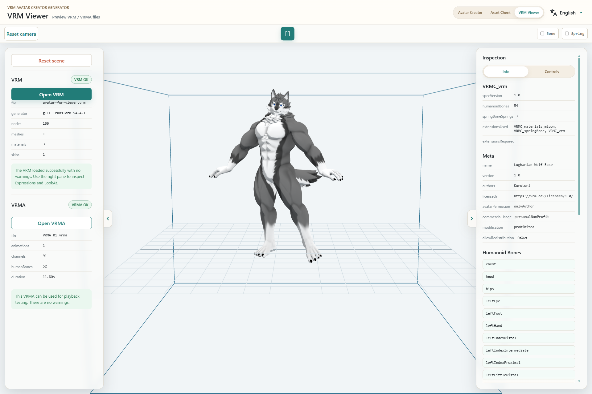 VRM Viewer with a VRM and VRMA loaded